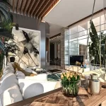 صالة معيشة مفتوحة بإضاءة ناعمة