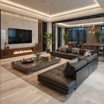 ديكور غرفة جلوس مودرن بلمسات خشبية فاخرة