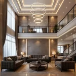 غرفة معيشة حديثة مع تلفزيون جداري ووحدات تخزين