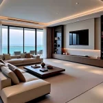 غرفة جلوس مودرن مع كنبة زاوية وإضاءة دافئة